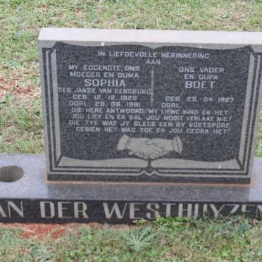 WESTHUYZEN Boet, van der 1927- &amp; Sophia JANSE VAN RENSBURG 1929-1991