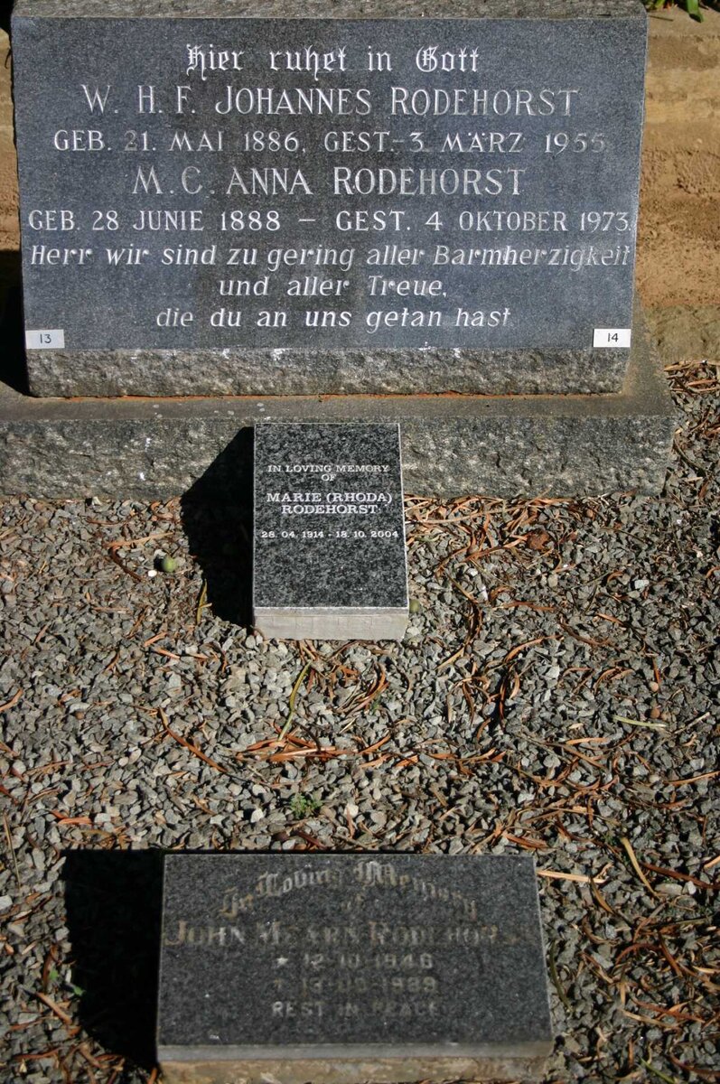RODEHORST W.H.F. Johannes 1886-1955 &amp; M.C. Anna 1888-1973 :: RODEHORST John Mearn 1946-1989 &amp; Marie 1934-2004