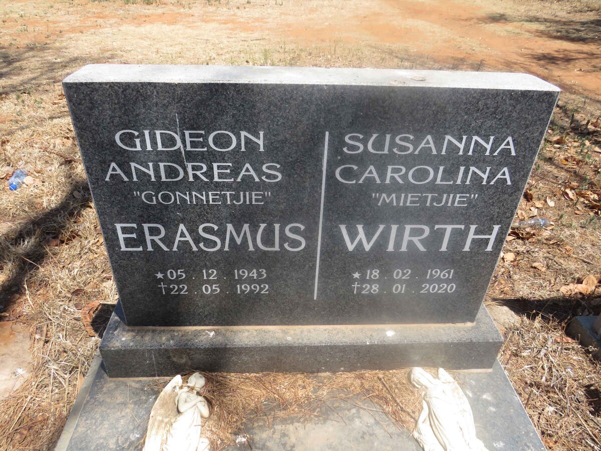 ERASMUS Gideon Andreas 1943-1992 & Susanna Carolina WIRTH 1961-2020