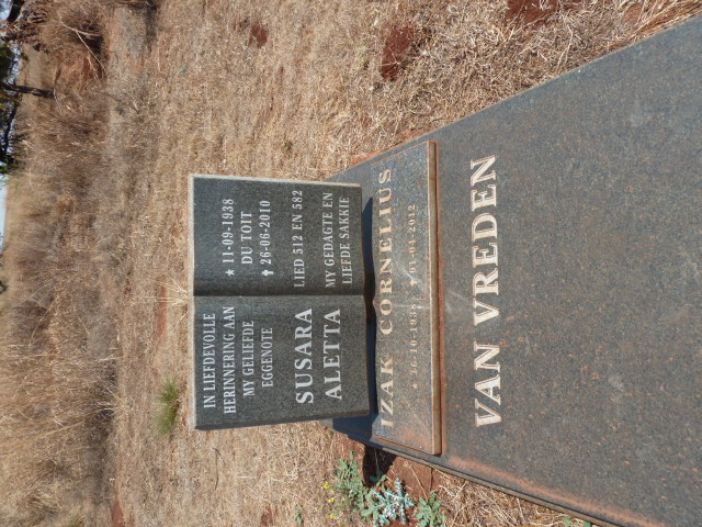 VREDEN Izak Cornelius, van 1938-2010 &amp; Susara Aletta DU TOIT 1938-2012