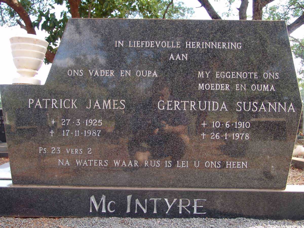 MCINTYRE Patrick James 1925-1987 &amp; Gertruida Susanna 1910-1978