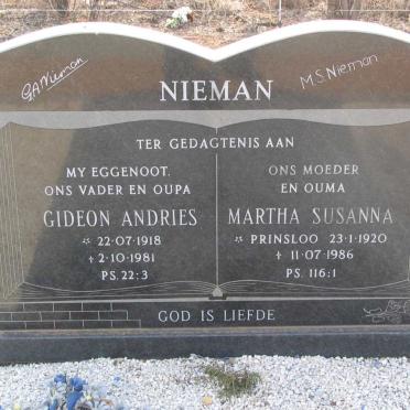 NIEMAN Gideon Andries 1918-1981 &amp; Martha Susanna PRINSLOO 1920-1986