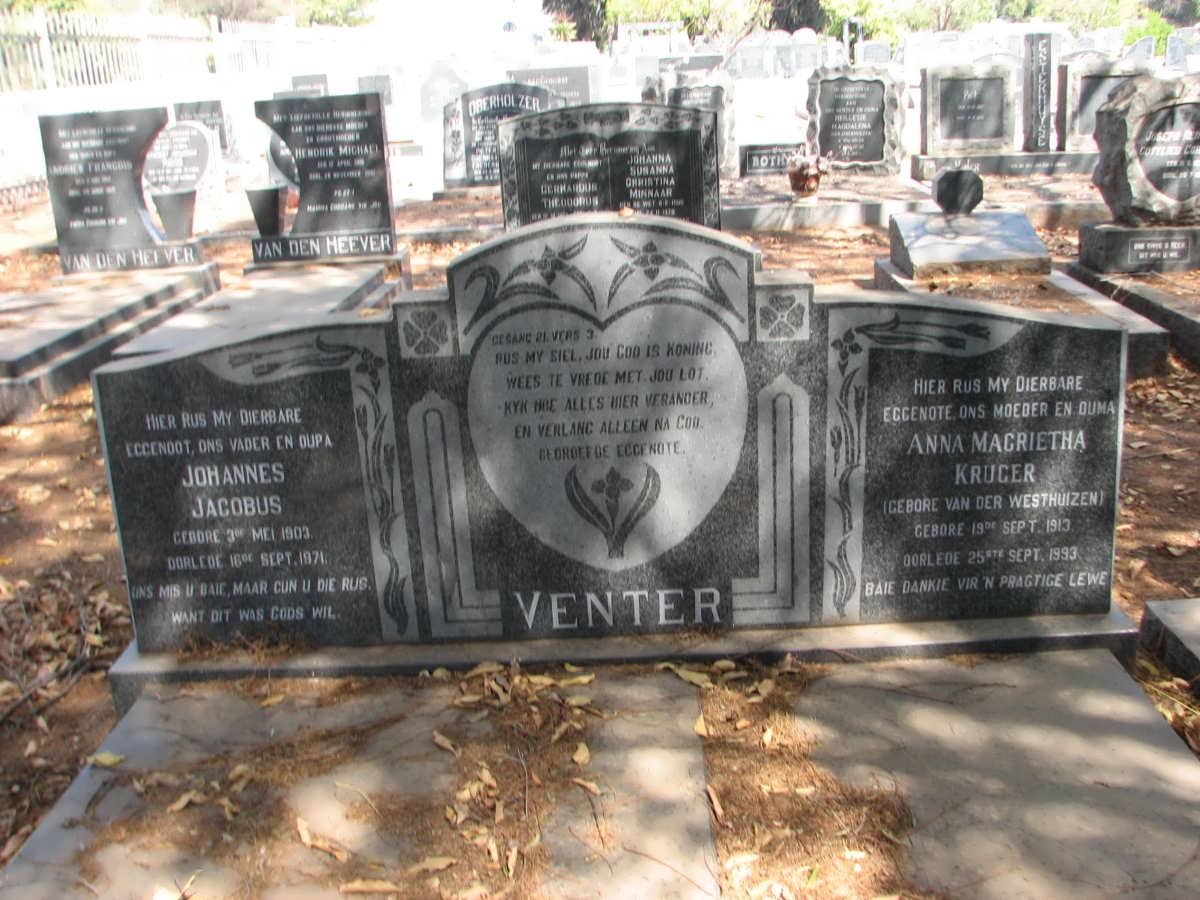 VENTER Johannes Jacobus 1903-1971 &amp; Anna Magrietha KRUGER, VAN DER WESTHUIZEN 1913-1993