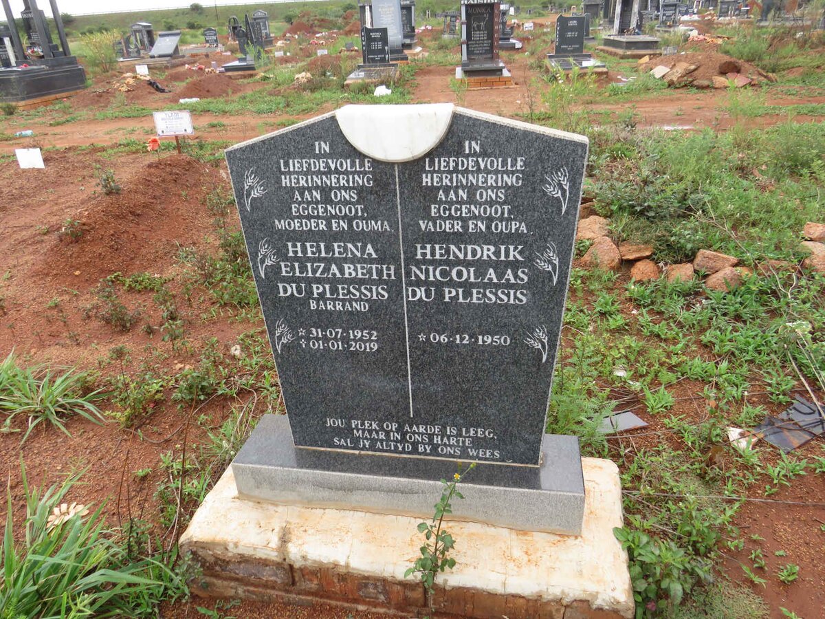 PLESSIS Hendrik Nicolaas, du 1950- & Helena Elizabeth BARRAND 1952-2019