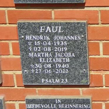 FAUL Hendrik Johannes 1935-2019 &amp; Martha Jacoba Elizabeth 1940-2022