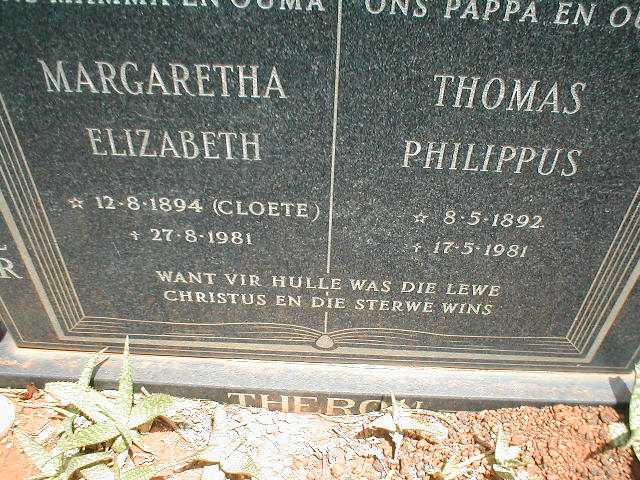 THERON Thomas Philippus 1892-1981 &amp; Margaretha Elizabeth CLOETE 1894-1981