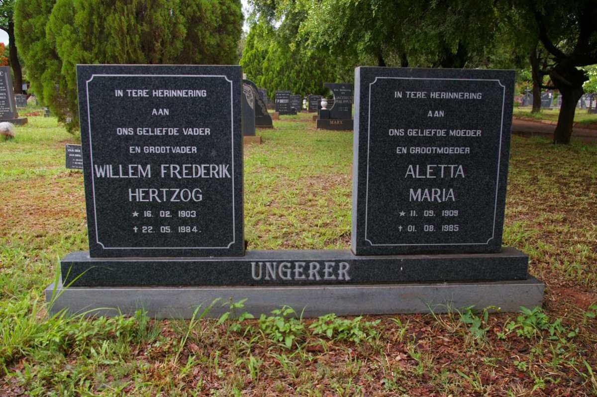 UNGERER Willem Frederik Hertzog 1903-1984 &amp; Aletta Maria 1909-1985