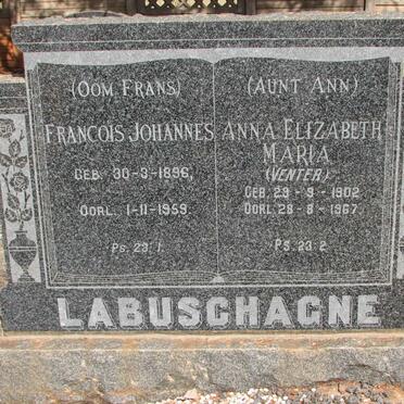 LABUSCHAGNE Francois Johannes 1896-1959 &amp; Anna Elizabeth Maria VENTER 1902-1967