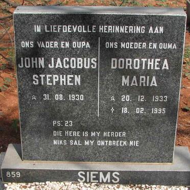 SIEMS John Jacobus Stephen 1930- &amp; Dorothea Maria 1933-1995