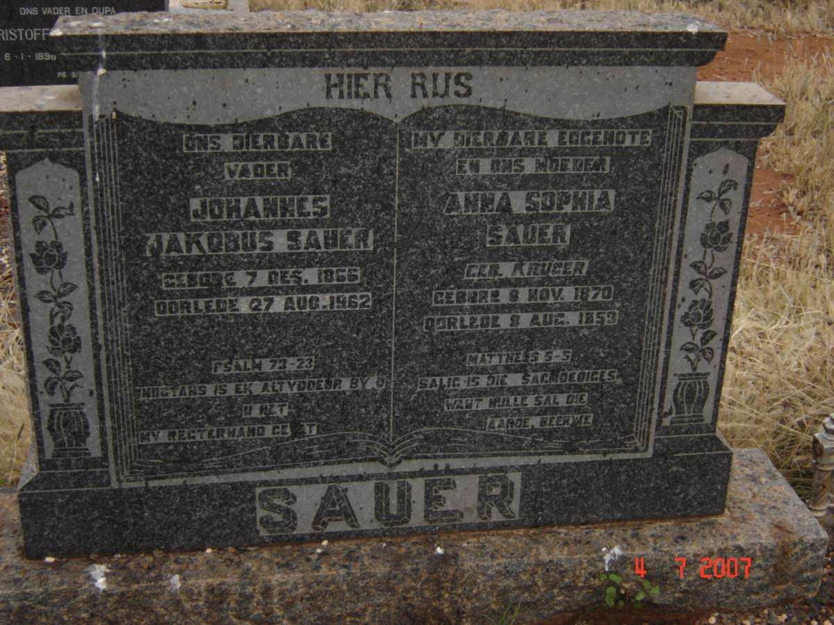 SAUER Johannes Jakobus 1866-1962 &amp; Anna Sophia KRUGER 1870-1953