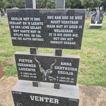 VENTER Pieter Johannes Lodewyk 1920-2003 & Anna Gertruida Cecilia 1925-2004