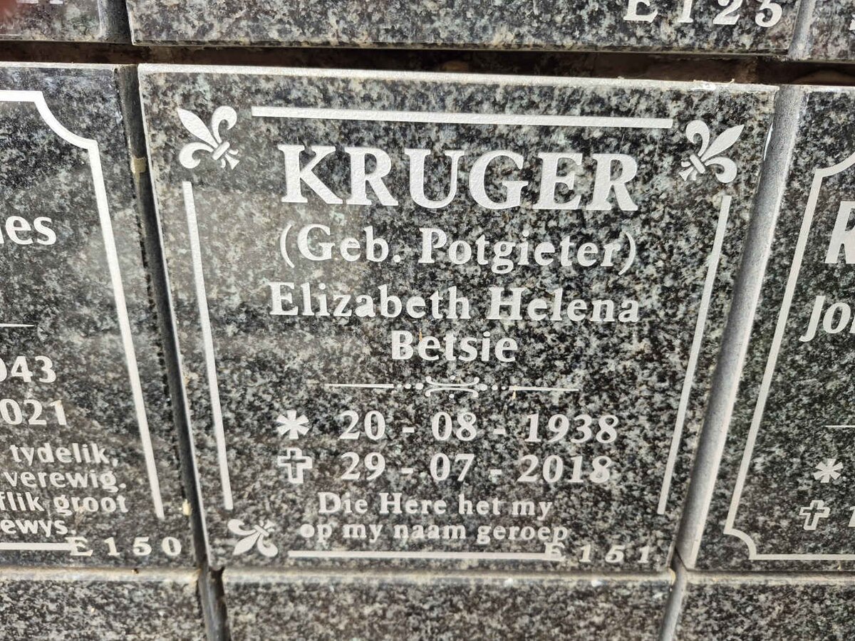 KRUGER Elizabeth Helena nee POTGIETER 1938-2018 