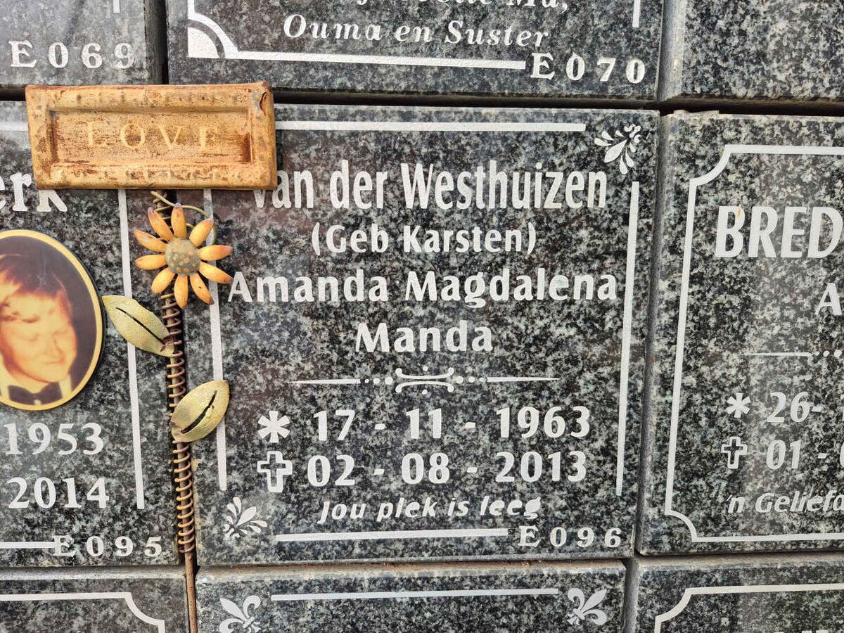 WESTHUIZEN Amanda Magdalena, van der nee KARSTEN 1963-2013 