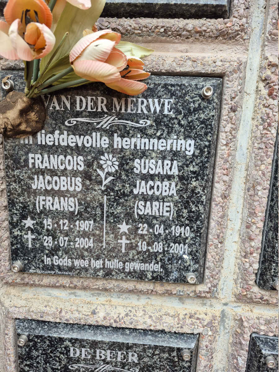 MERWE Francois Jacobus, van der 1907-2004 & Susara Jacoba 1910-2001