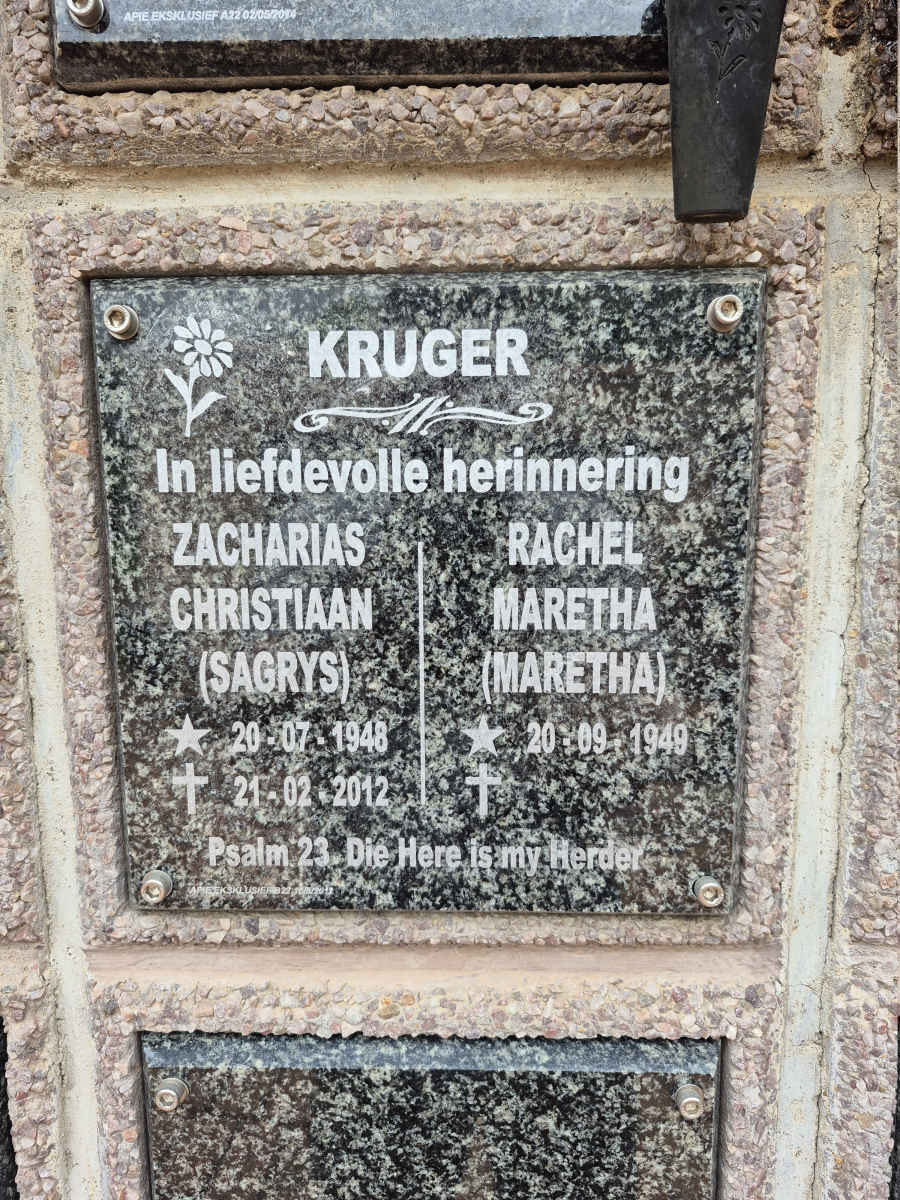 KRUGER Zacharias Christiaan 1948-2012 & Rachel Maretha 1949-