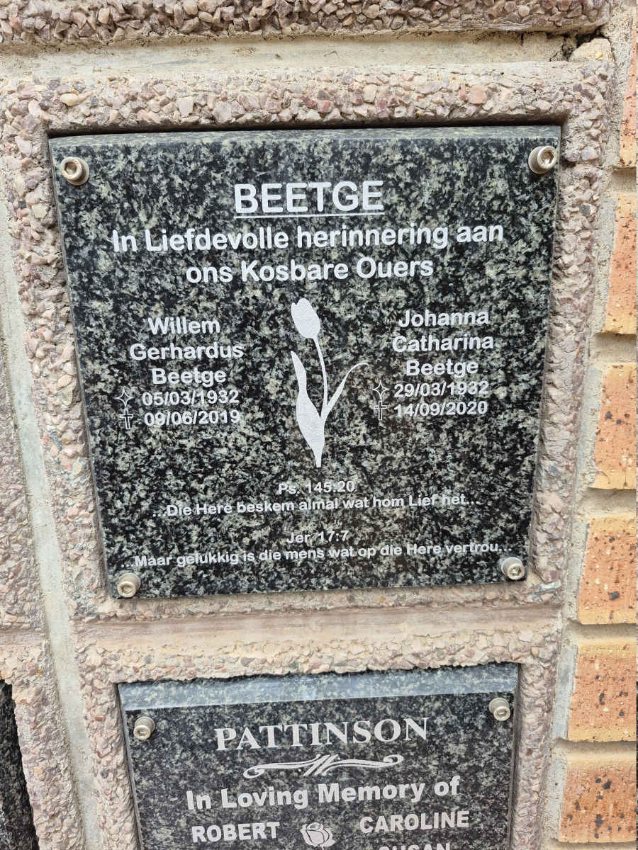 BEETGE Willem Gerhardus 1932-2019 & Johanna Catharina 1932-2020