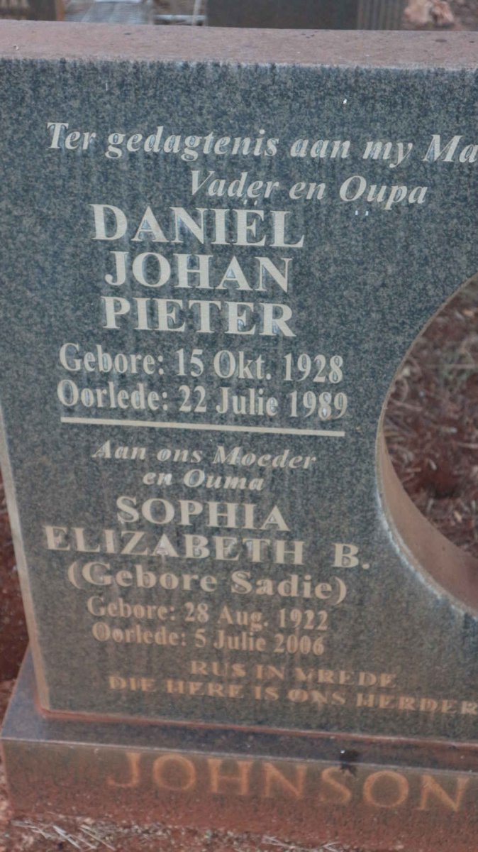 JOHNSON Daniel Johan Pieter 1928-1989 &amp; Sophia Elizabeth B. SADIE 1922-2006