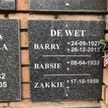 WET Barry, de 1927-2013 &amp; Babsie 1933- :: DE WET Zakkie 1959-