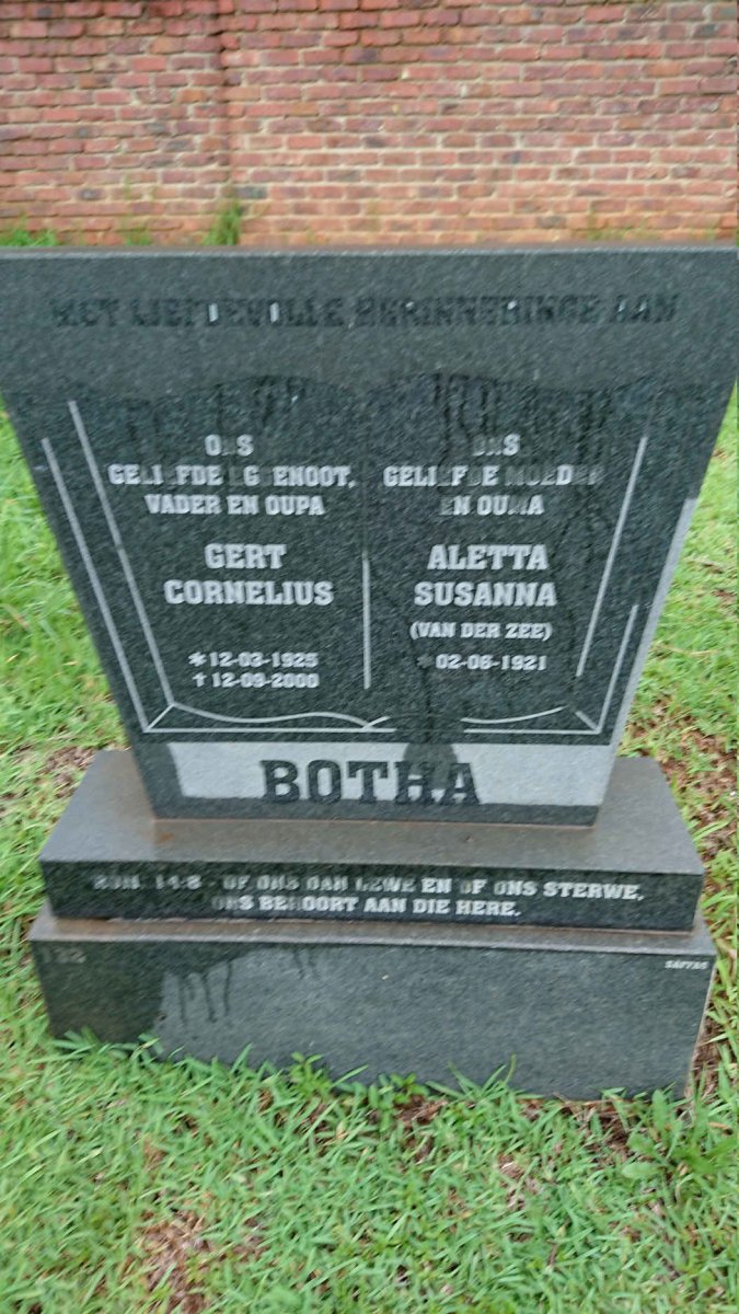 BOTHA Gert Cornelius 1925-2000 &amp; Aletta Susanna VAN DER ZEE 1921-