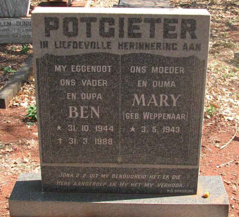 POTGIETER Ben 1944-1988 & Mary WEPPENAAR 1943-