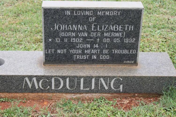 McDULING Johanna Elizabeth nee VAN DER MERWE 1902-1992