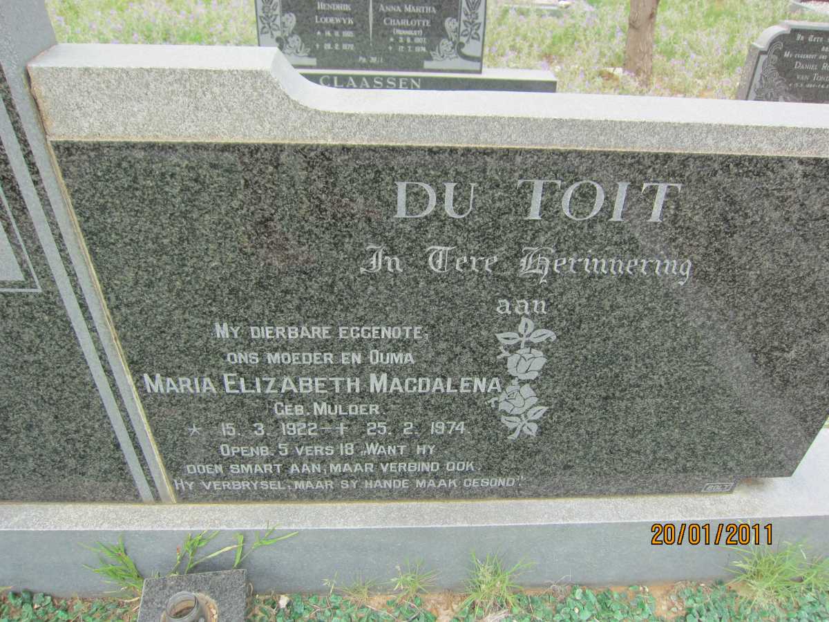 TOIT Maria Elizabeth Magdalena, du nee MULDER 1922-1974