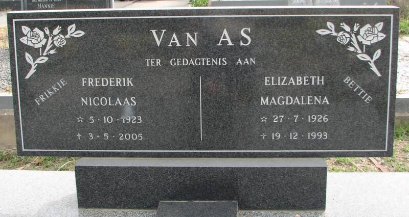 AS Frederik Nicolaas, van 1923-2005 & Elizabeth Magdalena 1926-1993
