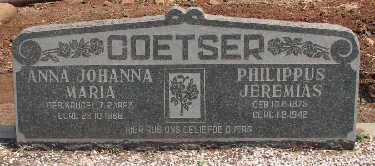COETSER Philippus Jeremias 1875-1942 & Anna Johanna Maria KRUGER 1883-1966