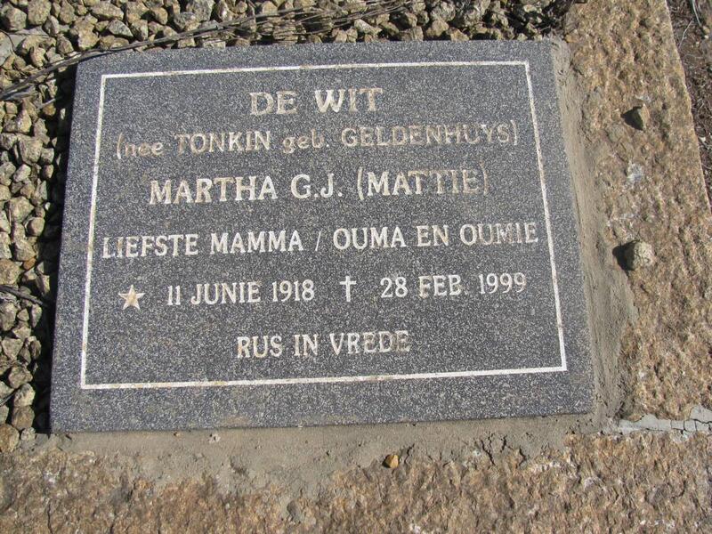 DE WIT Martha G.J. nee TONKIN geb. GELDENHUYS 1918-1999