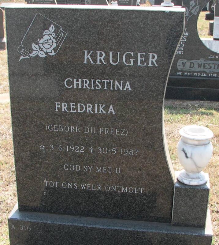 KRUGER Christina Fredrika nee DU PREEZ 1922-1987
