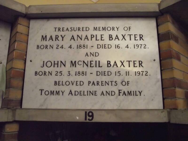 BAXTER John McNeil 1881-1972 & Mary Anaple 1881-1972