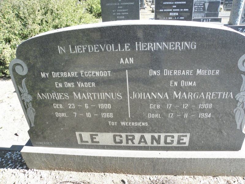GRANGE Andries Marthinus, Le 1900-1968 & Johanna Margaretha 1908-1994