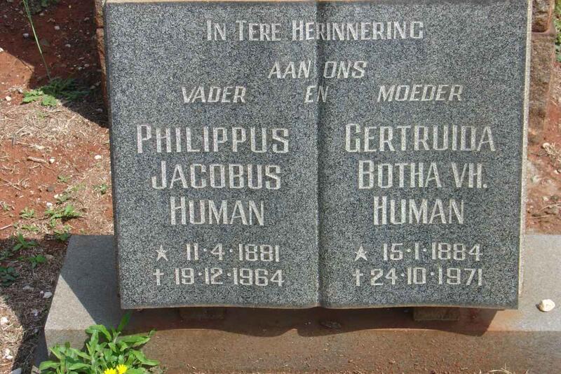 HUMAN Philippus Jacobus 1881-1964 & Gertruida Botha Vh. 1884-1971