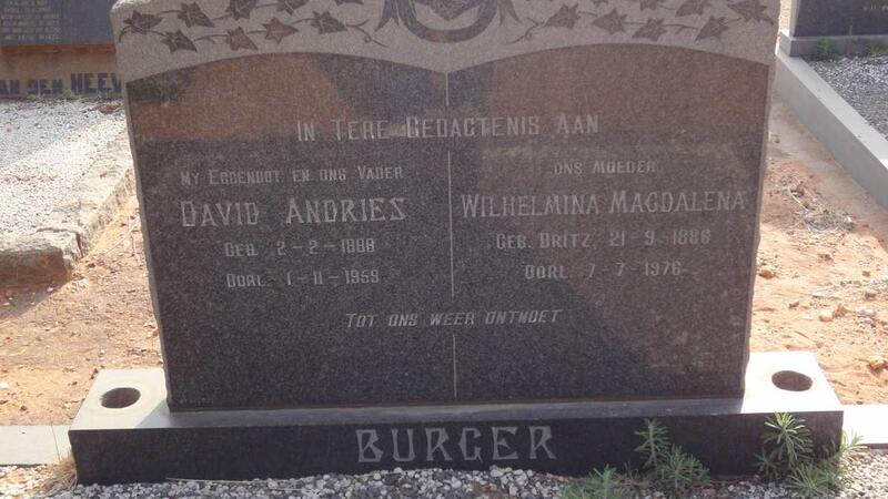 BURGER David Andries 1888-1959 & Wilhelmina Magdalena 1888-1976