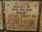 HENDRY Leslie Polson 1910-1987 & Mary Ann 1910-1989