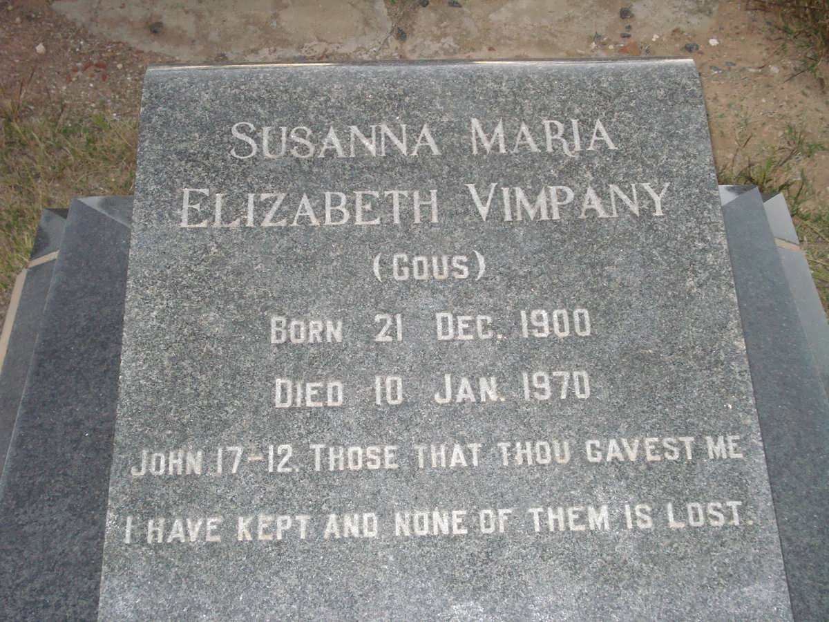 VIMPANY Susanna Maria Elizabeth nee GOUS 1900-1970