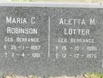 ROBINSON Maria C. nee BERRANGE 1897-1981 :: LOTTER Aletta M. nee BERRANGE 1886-1976