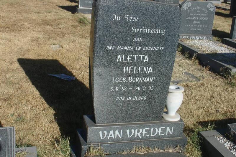 VREDEN Aletta Helena nee Bornman, van 1953-1983