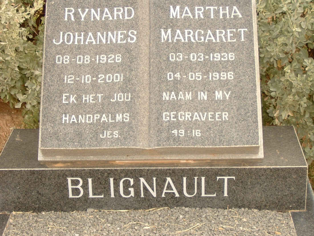 BLIGNAULT Rynard Johannes 1926-2001 & Martha Margaret 1936-1996
