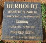 HERHOLDT Winifred Edith 1913-2004 :: HERHOLDT Gordon 1917-2002 :: HERHOLDT Jeanette Elizabeth 1947-1996