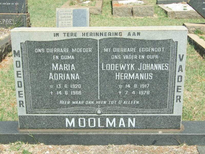 MOOLMAN Lodewyk Johannes Hermanus 1917-1978 & Maria Adriana 1920-1968