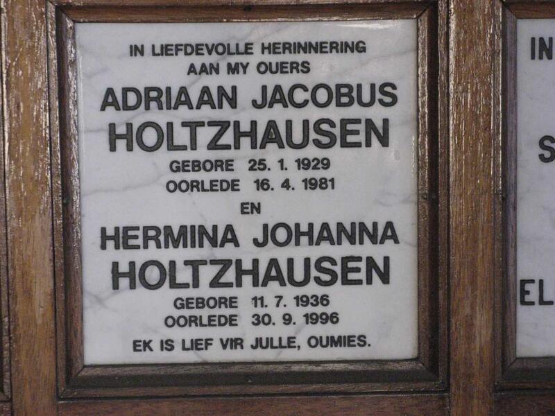 HOLTZHAUSEN Adriaan Jacobus 1929-1981 & Hermina Johanna 1936-1996