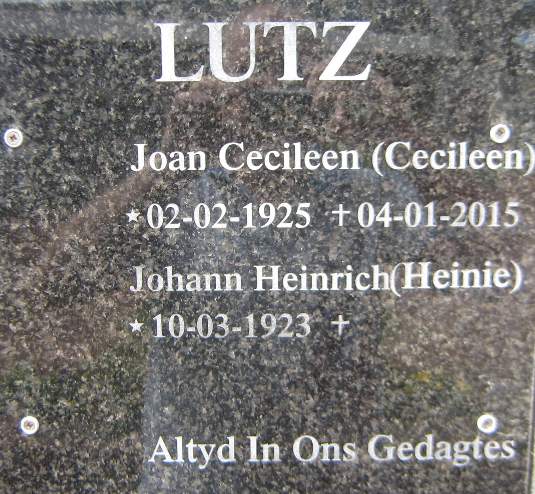LUTZ Johann Heinrich 1923- & Joan Cecileen 1925-2015