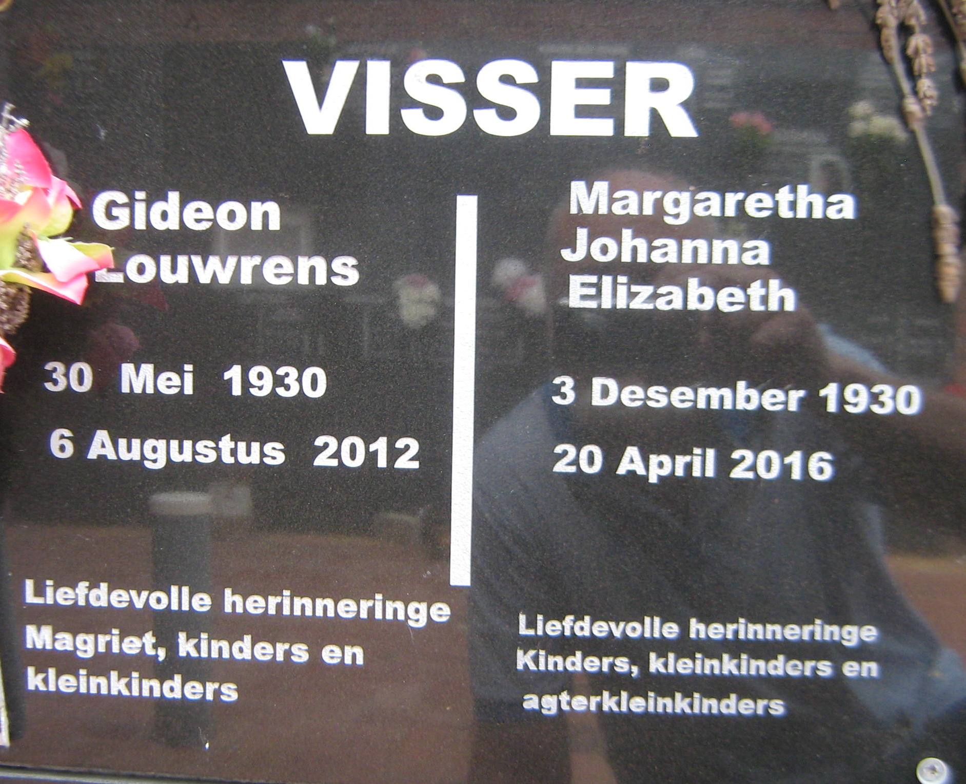VISSER Gideon Louwrens 1930-2012 & Margaretha Johanna Elizabeth 1930-2016