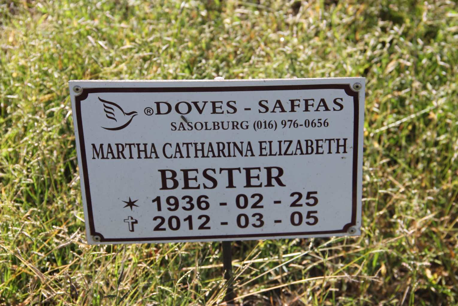 BESTER Martha Catharina Elizabeth 1936-2012