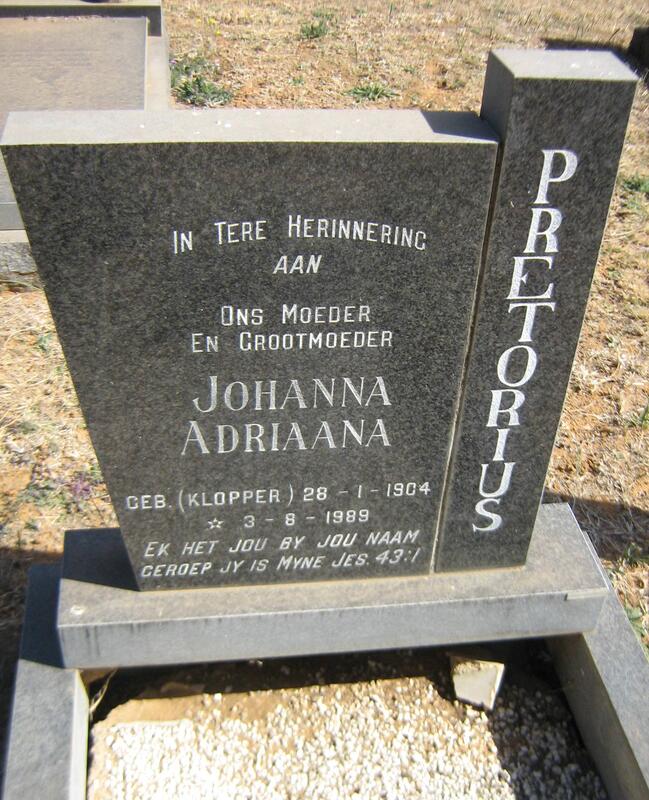 PRETORIUS Johanna Adriaana nee KLOPPER 1904-1989