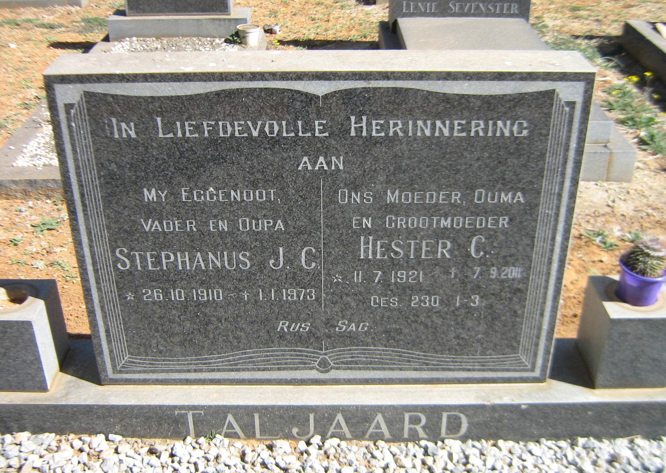 TALJAARD Stephanus J.C. 1910-1973 & Hester C. 1921-2011