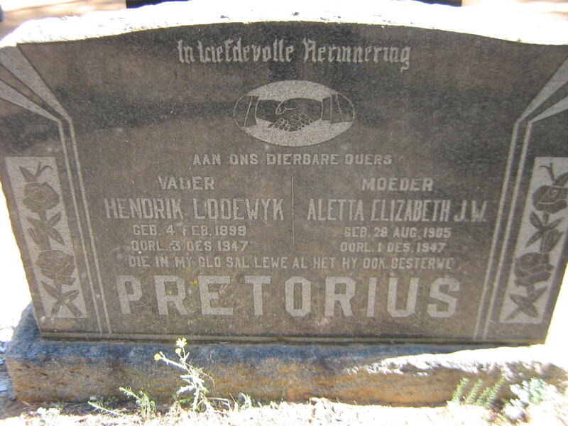 PRETORIUS Hendrik Lodewyk 1899-1947 & Aletta Elizabeth J. W. 1905-1947