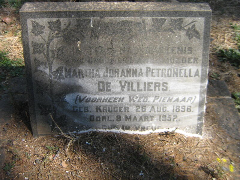 VILLIERS Martha Johanna Petronella, de voorheen PIENAAR nee KRUGER 1896-1952