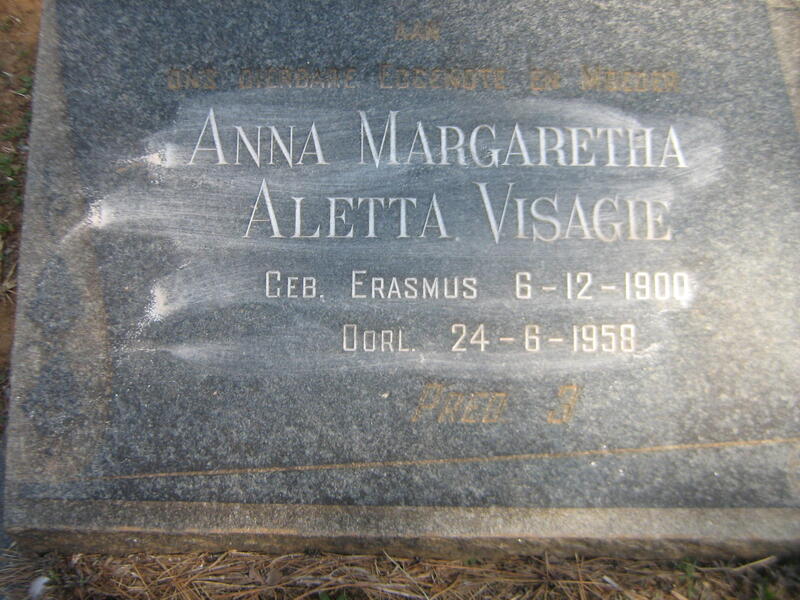 VISAGIE Anna Margaretha Aletta nee ERASMUS 1900-1958